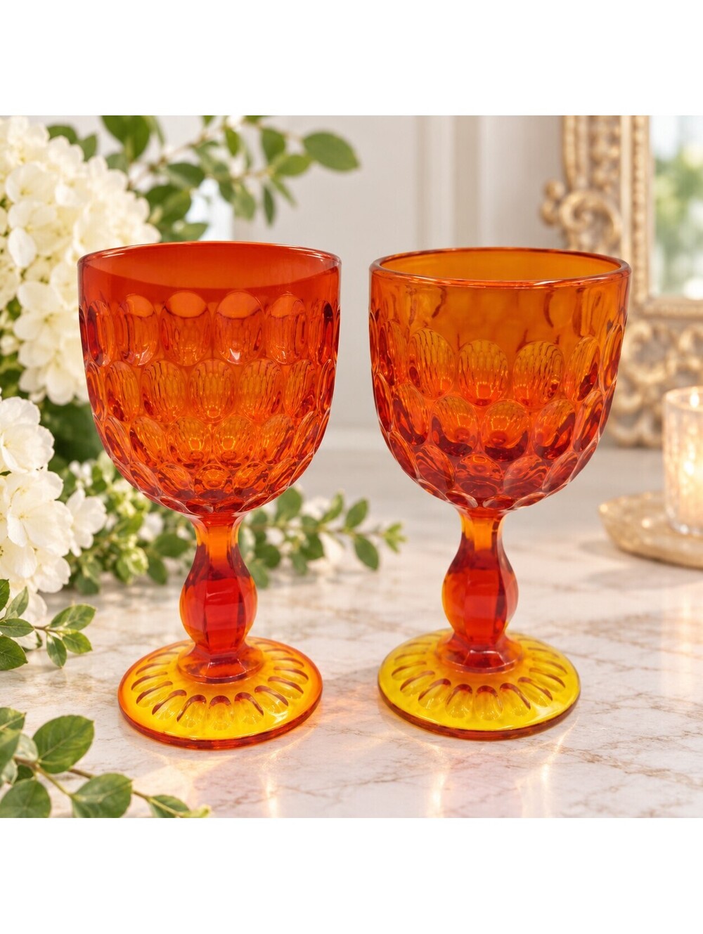 Vintage Fenton Colonial Orange Thumbprint Chalice Goblets Pair 8" Amberina